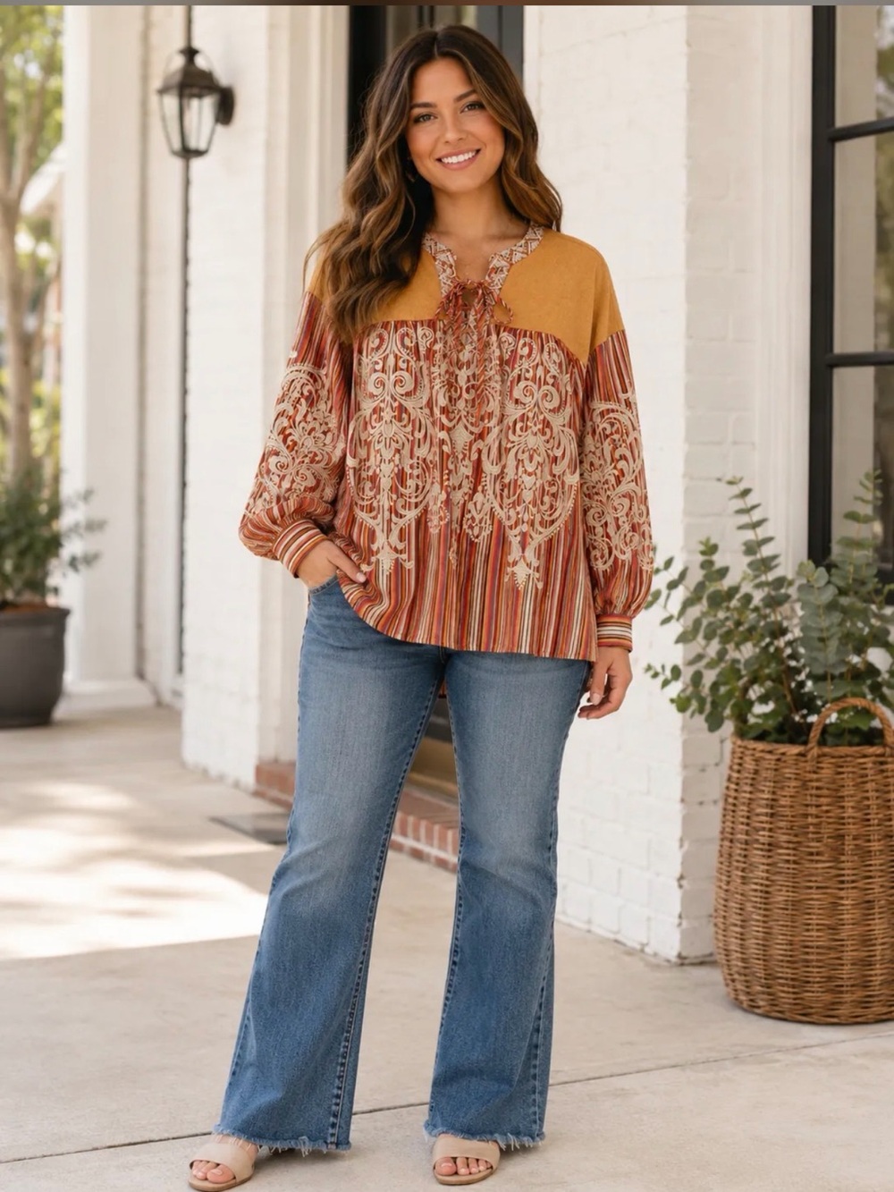 Savanna Jane Mustard and Rust Paisley-Striped Tie-Neck Tunic